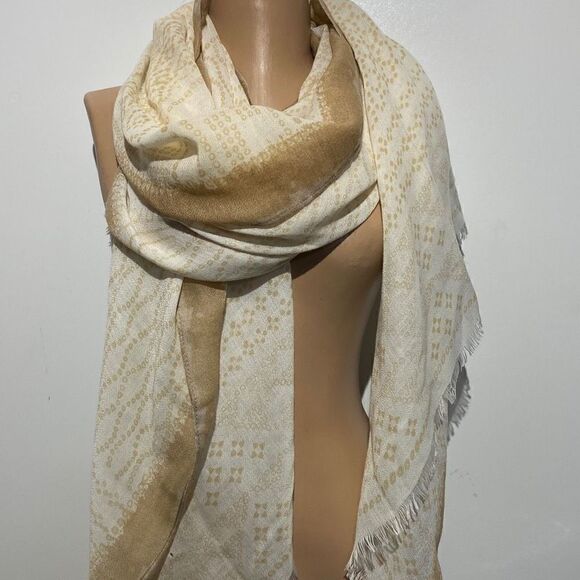 Hinge Unisex Geometric Pattern Fringe Hem Cream / Tan Scarf 33X72 - Picture 1 of 8